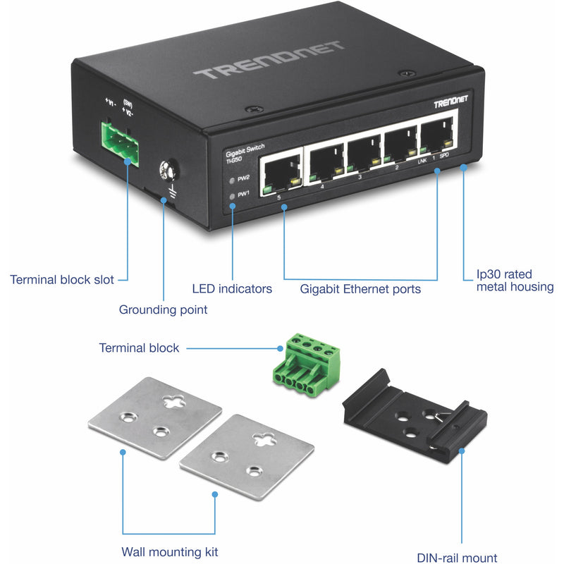 Detailed view of TRENDnet TI-G50 with labeled features and mounting accessories