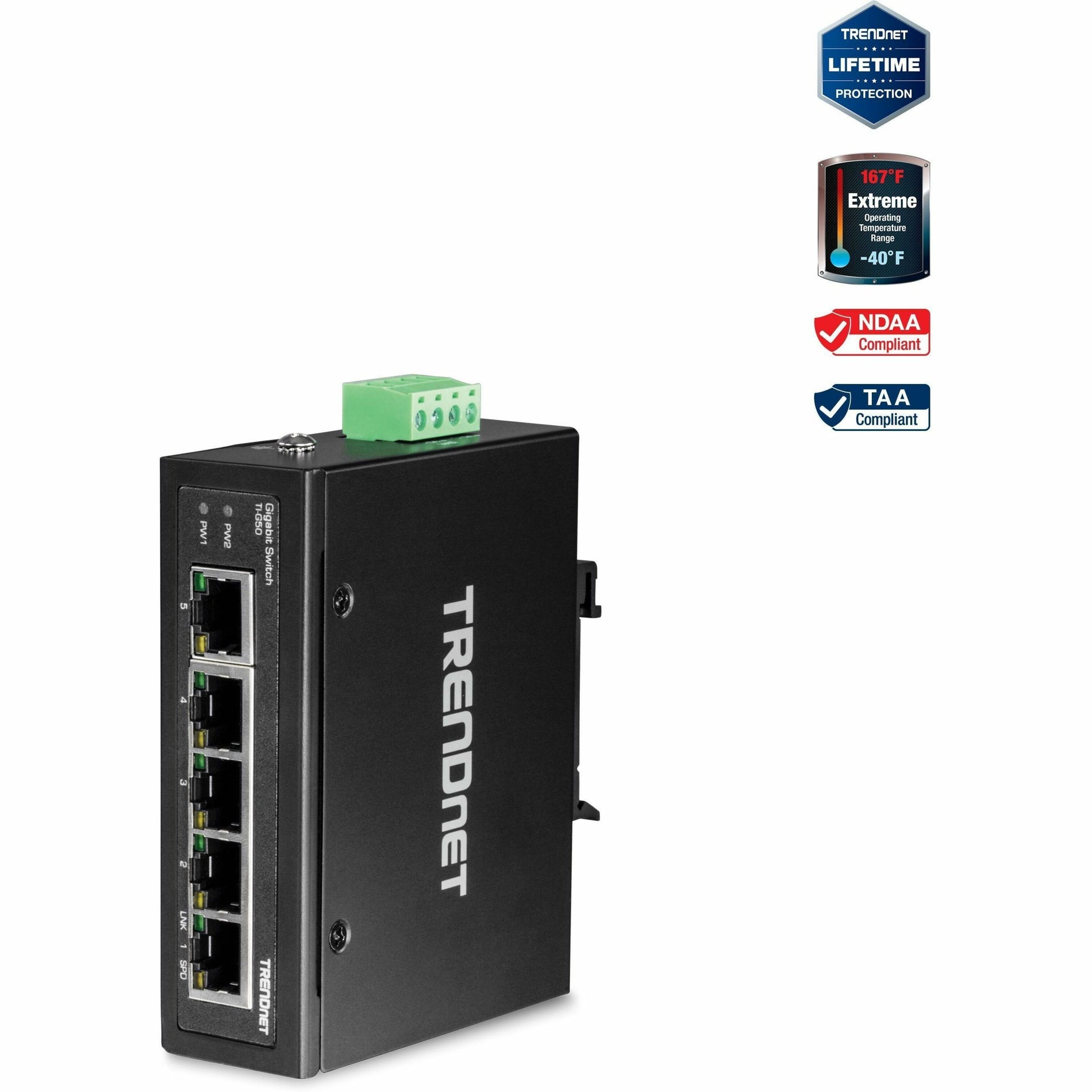 TRENDnet TI-G50 5 puertos endurecidos Industrial Gigabit Switch 10 Gbps Capacidad de Conmutación Clasificación IP30 Network Switch (-40 a 167 ?F) DIN-Rail & Montajes en Pared Incluidos Protección de por Vida Negro