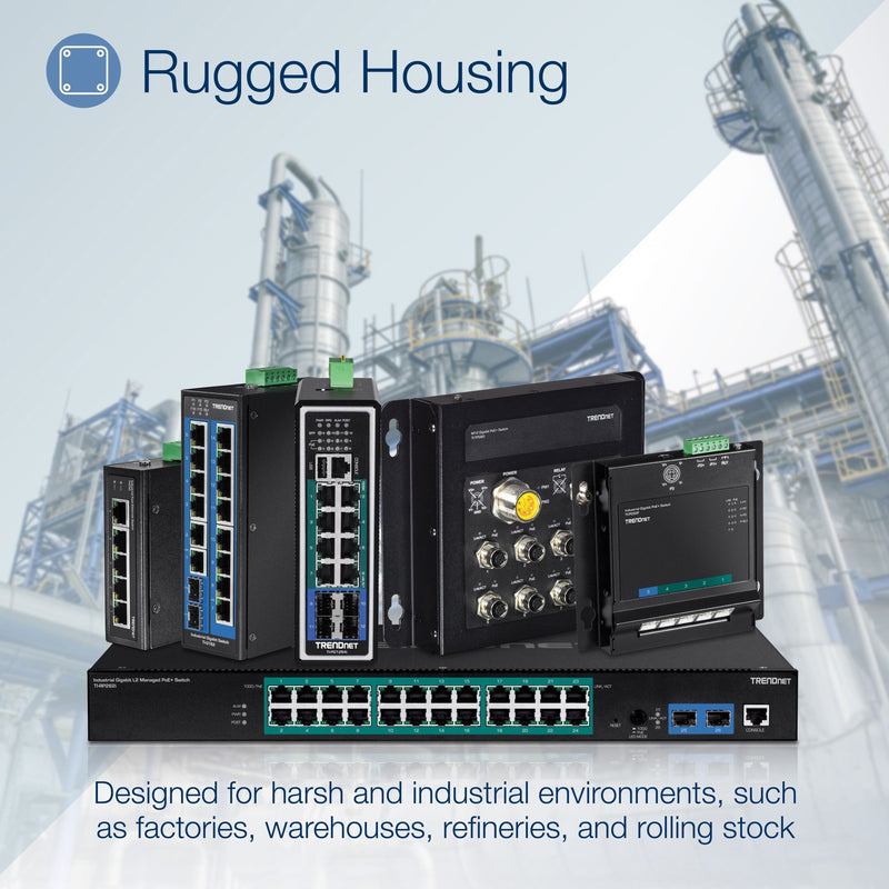 TRENDnet industrial switch family shown in industrial setting with equipment