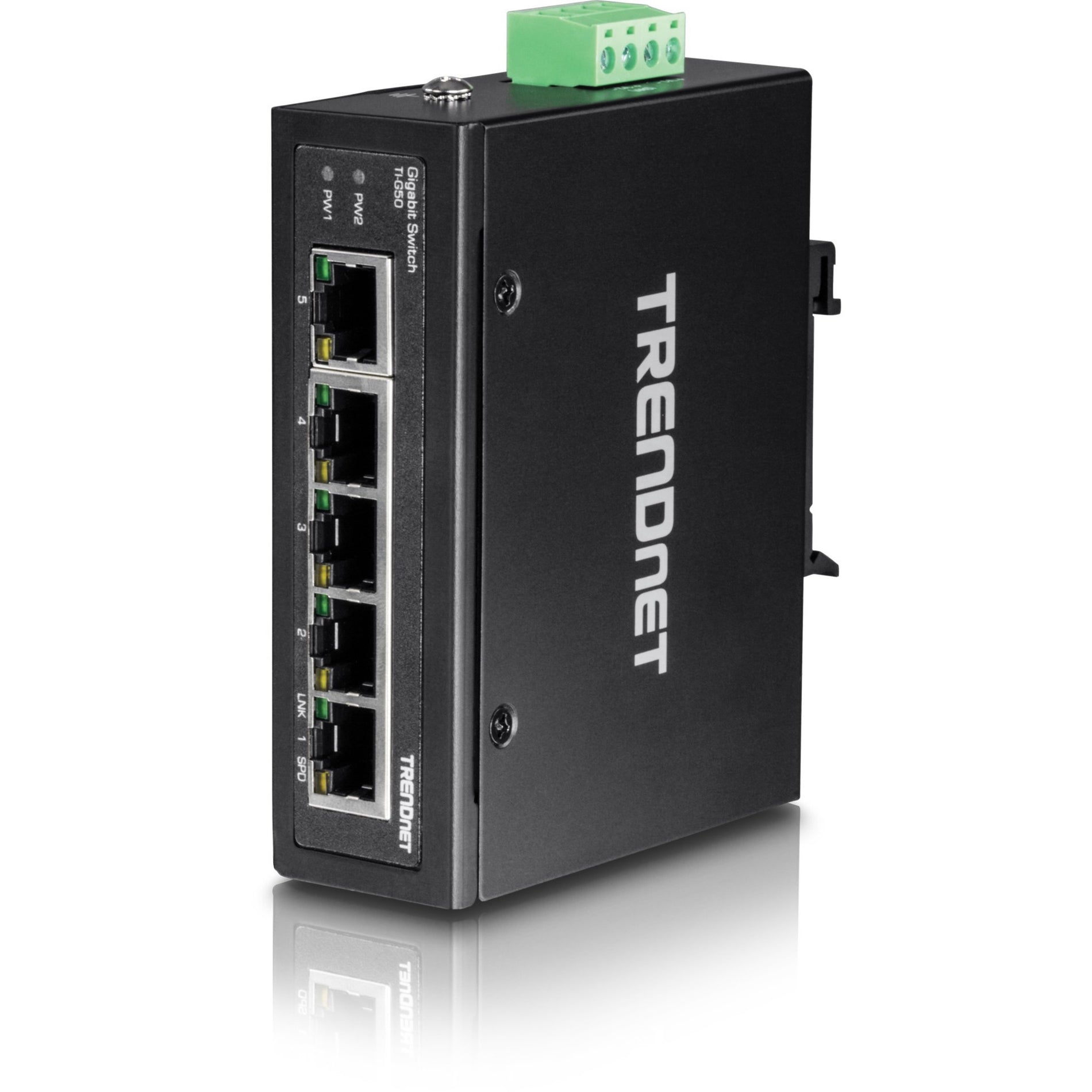 TRENDnet TI-G50 Commutateur industriel Gigabit durci à 5 ports Capacité de commutation de 10 Gbps Commutateur réseau classé IP30 (-40 à 167 ?F) Montages DIN-Rail et muraux inclus Protection à vie Noir