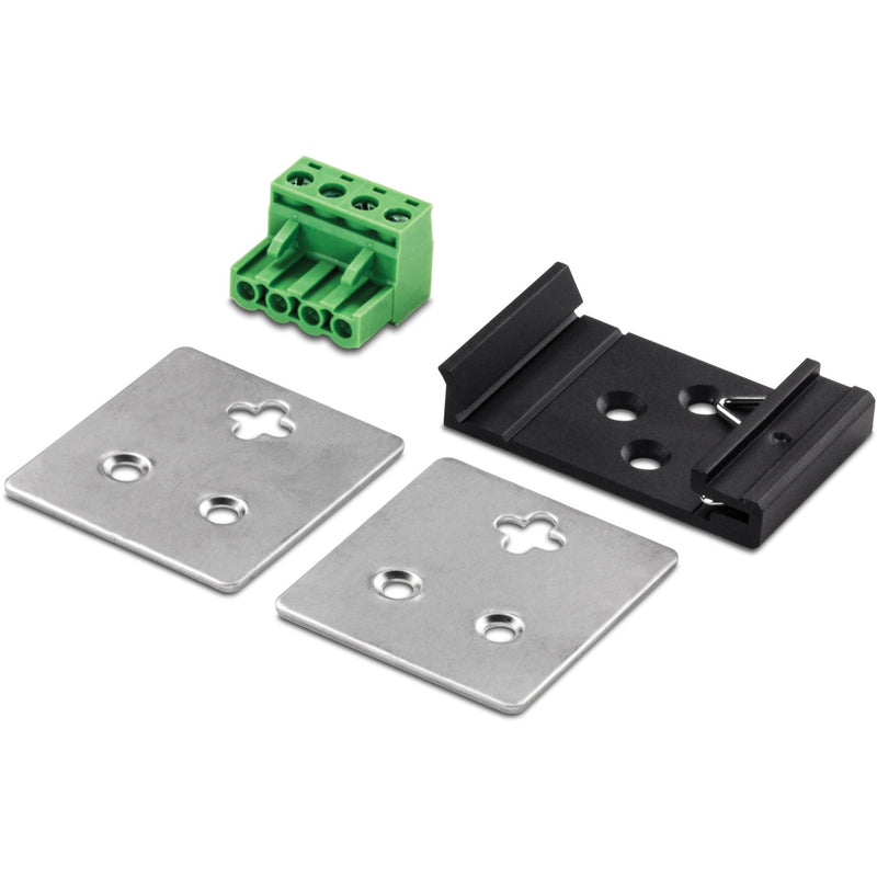 TRENDnet TI-G50 mounting accessories including DIN-rail mount, wall plates, and terminal block