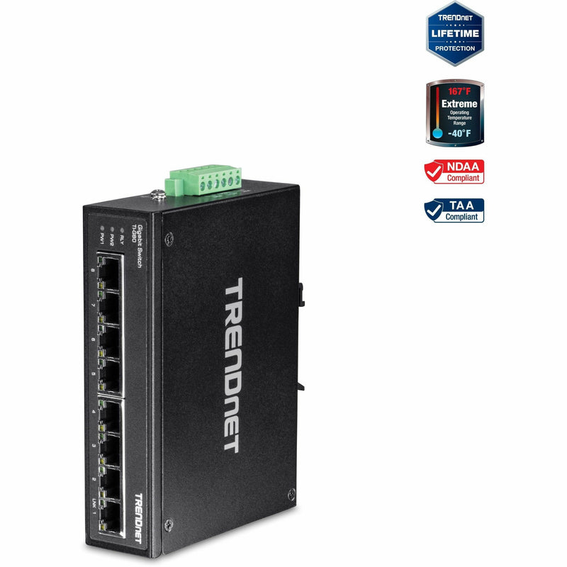 Front view of TRENDnet TI-G80 industrial Gigabit switch with 8 ports and green terminal block