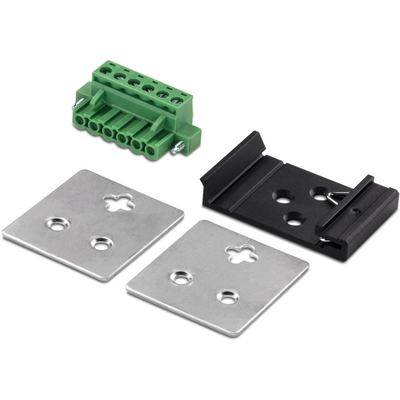 TI-PG80 mounting accessories including DIN-rail mount, wall mount plates, and terminal block