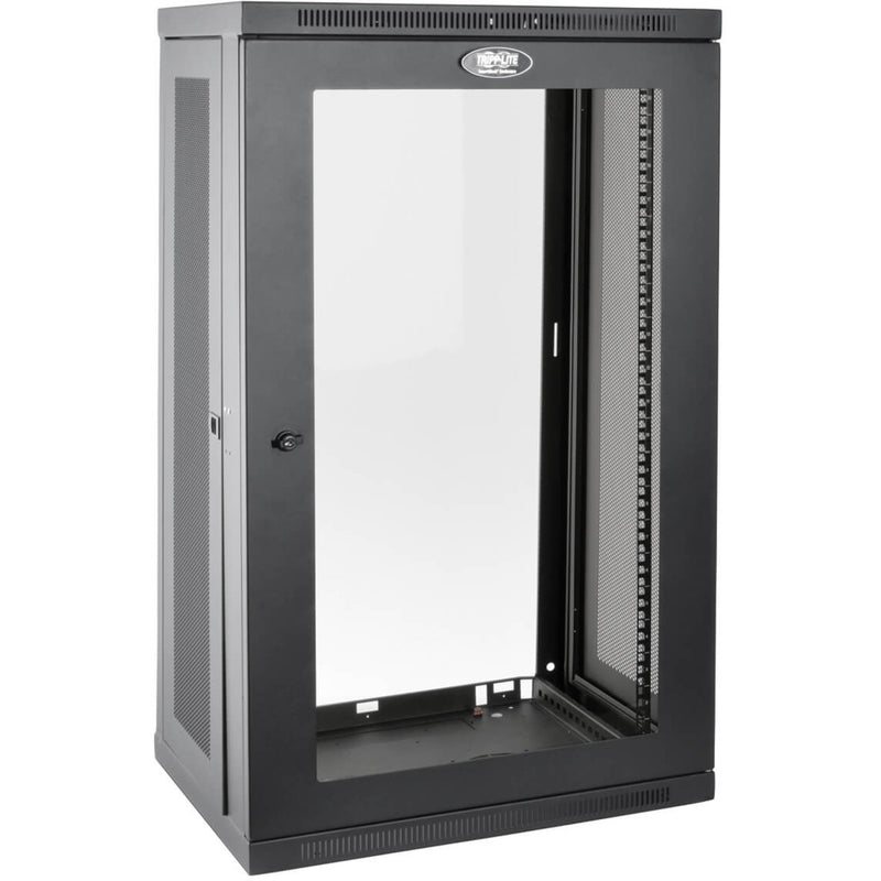 Front view of Tripp Lite SRW21UG wall-mount rack enclosure showing acrylic door window and vented panels