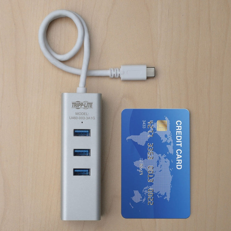 Tripp Lite USB-C hub shown next to credit card for size comparison