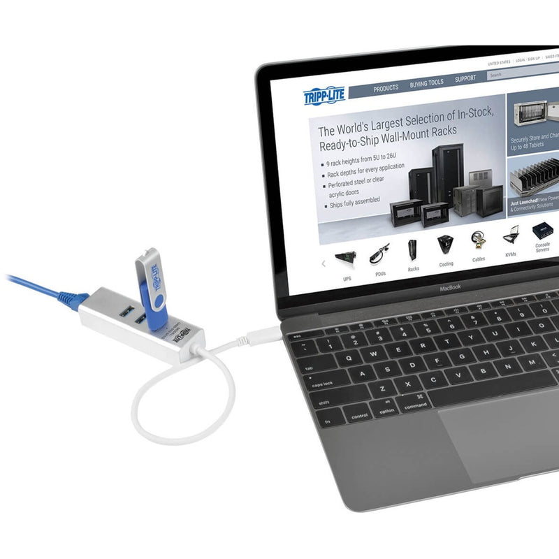 Tripp Lite USB-C hub connected to modern laptop showing website