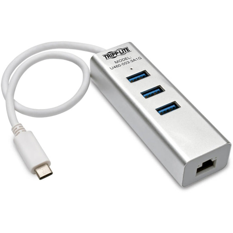 Tripp Lite USB-C hub with three USB-A ports and Ethernet port shown in silver aluminum finish