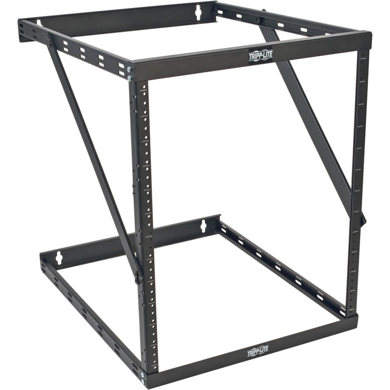 Tripp Lite SmartRack wall-mount open frame rack shown from front angle displaying Z-shaped support structure and mounting points-alternate-image1