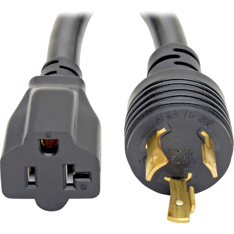 Close-up view of Tripp Lite P046-06N-T adapter showing NEMA L5-20P locking plug and NEMA 5-15/20R connector with gold-plated contacts