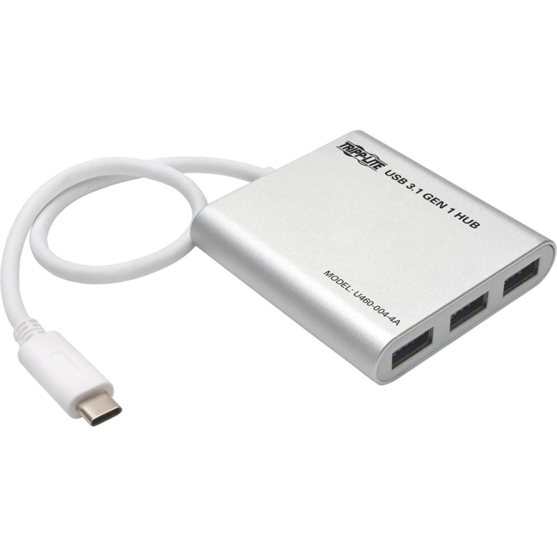 Tripp Lite USB 3.1 Gen 1 hub with aluminum housing and USB-C cable shown from side angle