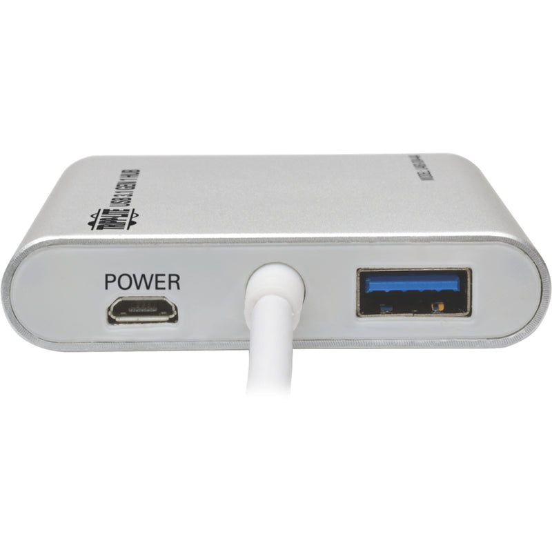 Detail of power input port and USB port on the Tripp Lite USB hub