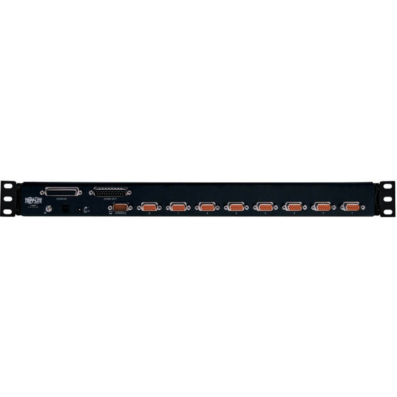 Rear view of Tripp Lite B022-U08 KVM switch showing eight computer ports and chain connections