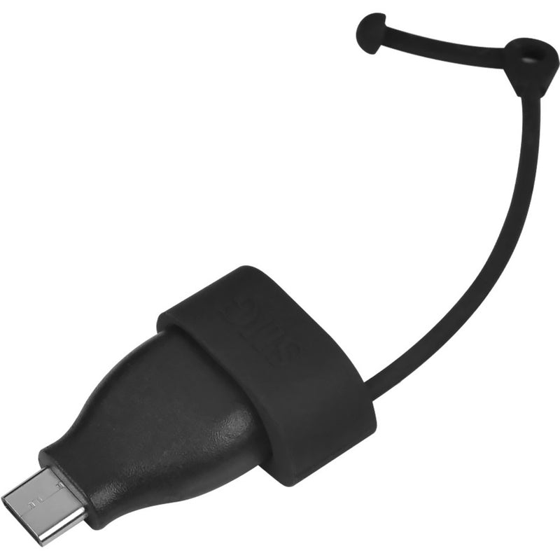 Close-up view of SIIG adapter's USB-C male connector with rubber cable tie