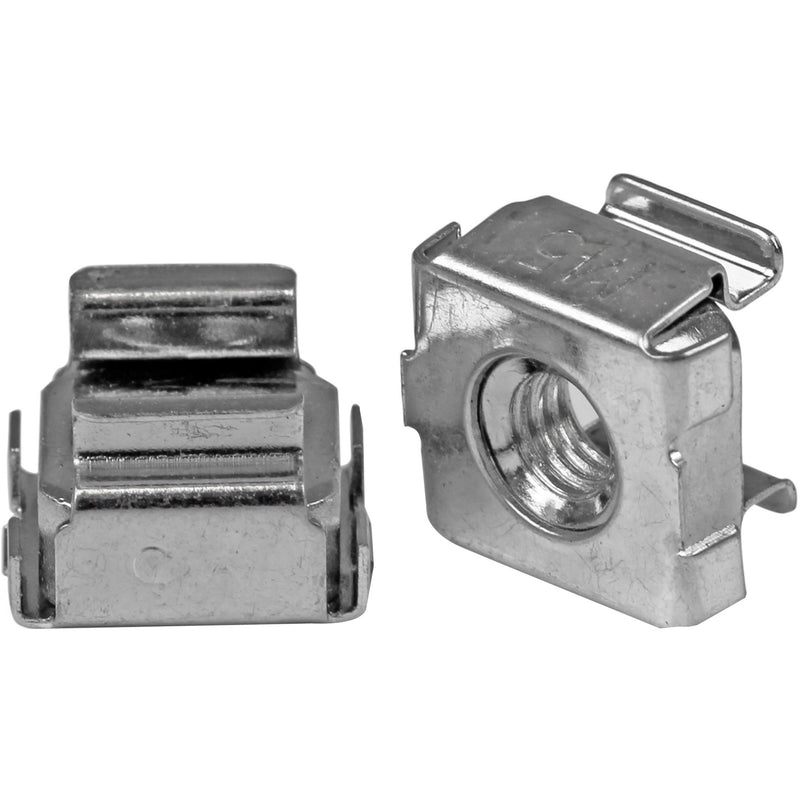 Close-up view of two M5 cage nuts showing threaded interior and mounting clips, made of nickel-plated stainless steel