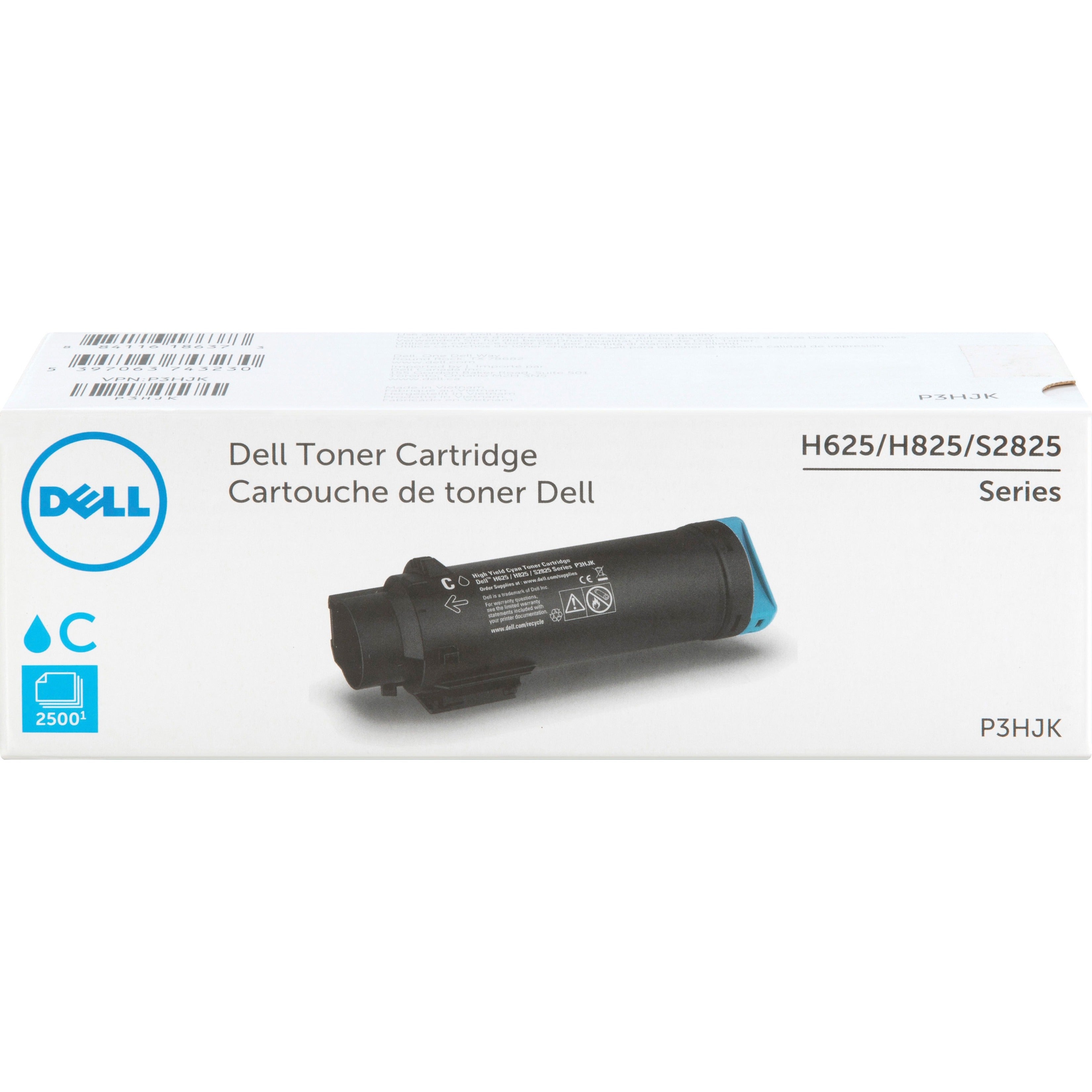 Dell P3HJK High Yield Cyan Original Toner Cartridge, 2500 Pages, Compatible with H625cdw H825cdw S2825cdn Laser Printers, OEM (1 Year Warranty)