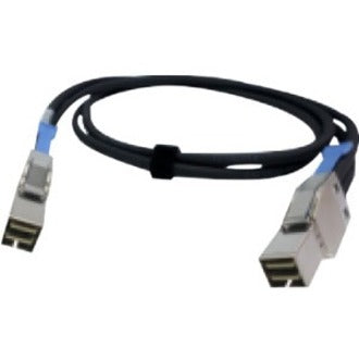 QNAP Mini SAS external cable with black sheathing and blue-highlighted SFF-8644 connectors on both ends