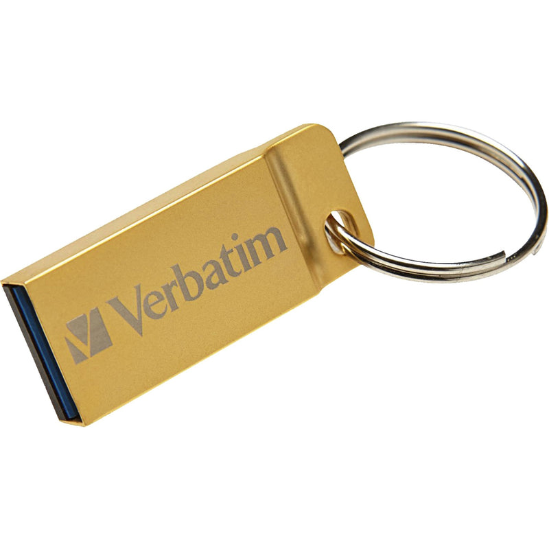 Gold Verbatim Metal Executive USB 3.0 flash drive with integrated keyring shown from side angle