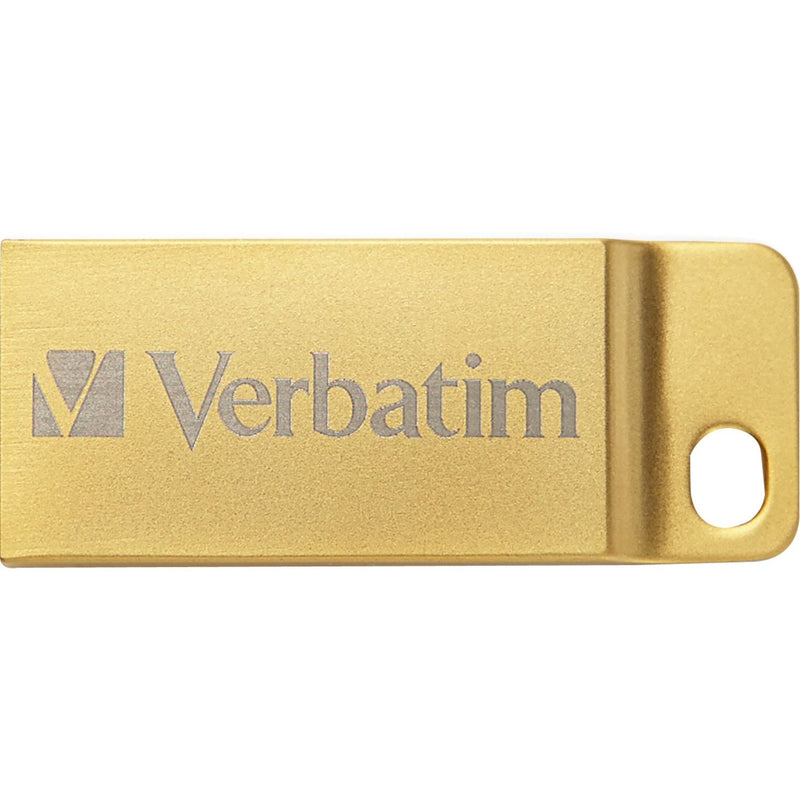 Detailed front view of Verbatim Metal Executive USB drive showing brushed gold finish and logo