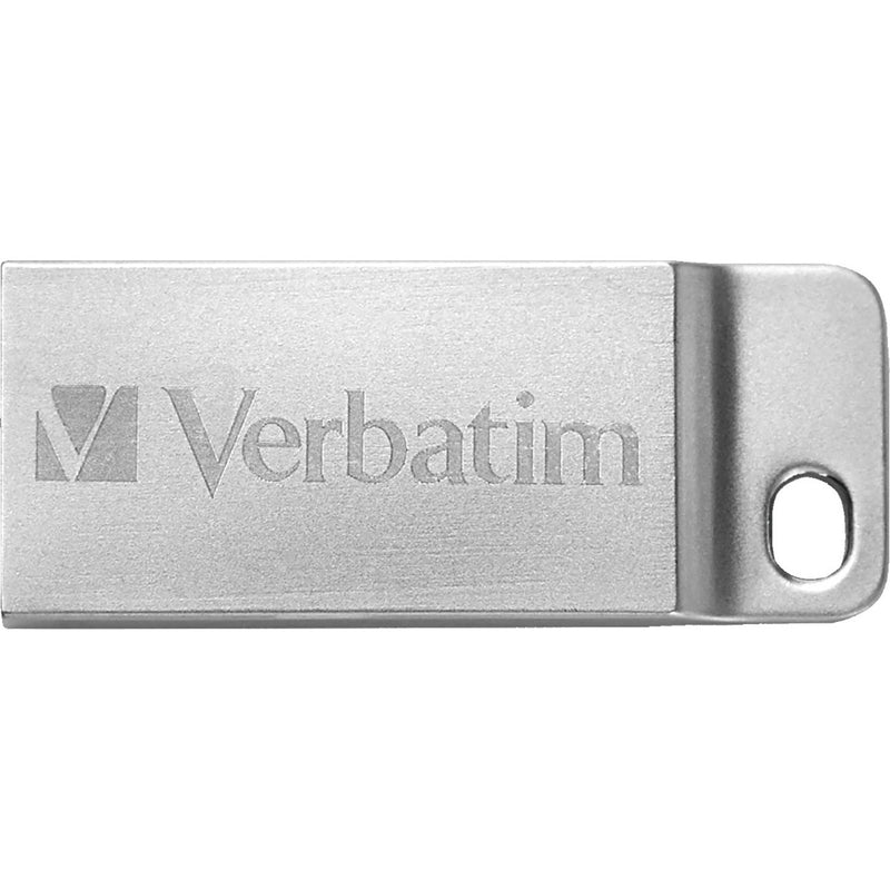 Close-up view of Verbatim Metal Executive USB drive showing etched logo detail on brushed metal surface