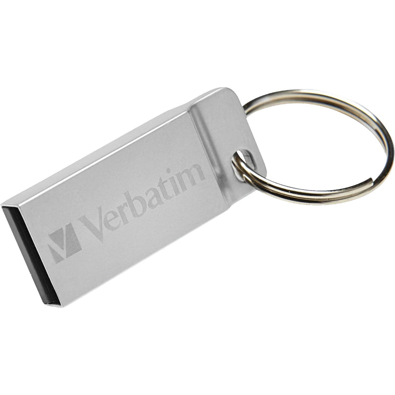 Verbatim Metal Executive USB flash drive in silver with attached key ring, showing side profile view