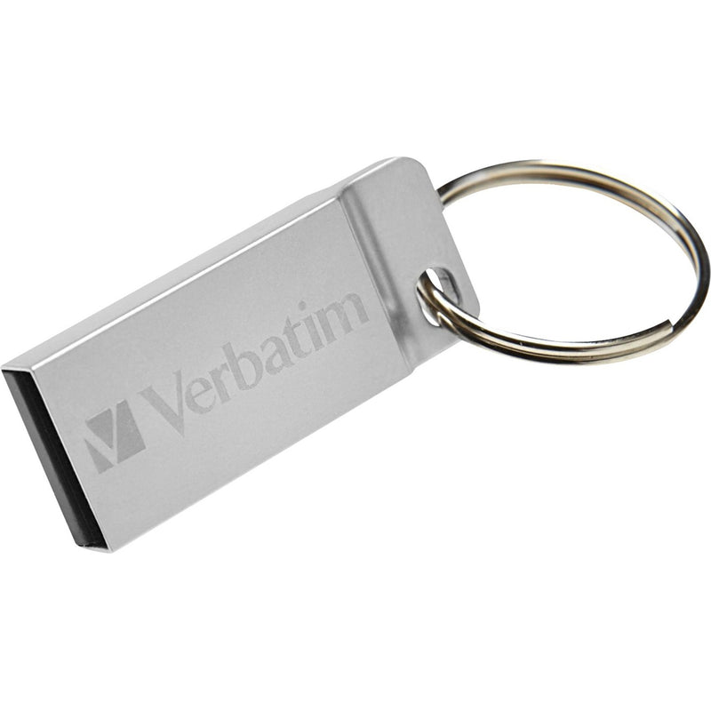 Angled view of Verbatim Metal Executive USB drive showing metallic finish and key ring attachment