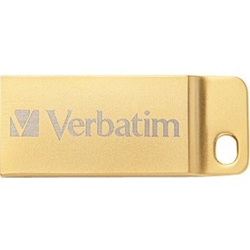 Close-up view of Verbatim Metal Executive USB drive showing laser-etched logo on gold surface