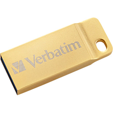 Angled view of gold Verbatim Metal Executive USB drive showing slim profile and construction