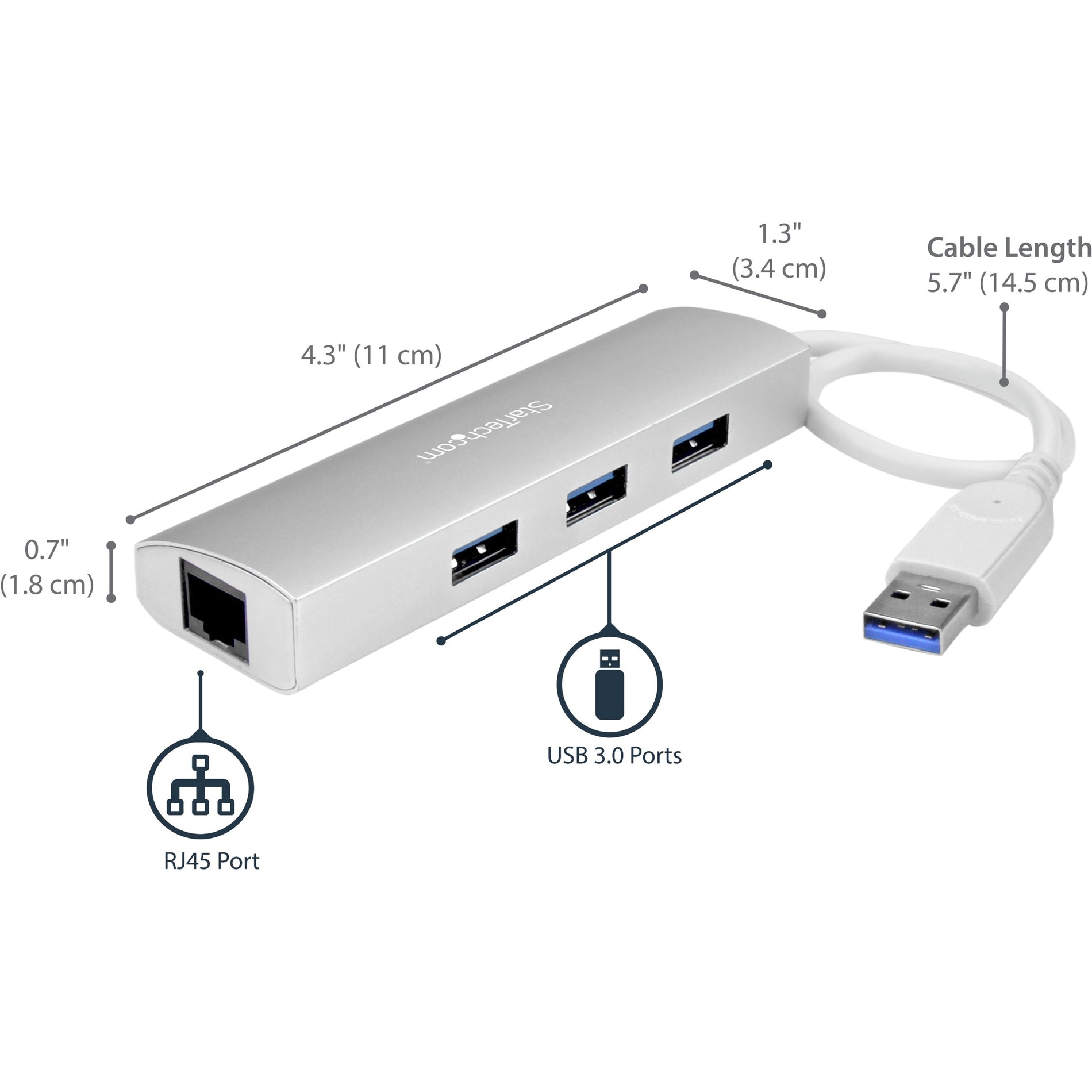 StarTech.com ST3300G3UA 3-พอร์ตพกพา USB 3.0 ฮับบวก Gigabit Ethernet อะลูมิเนียม USB ฮับพร้อมอะแดปเตอร์ Gigabit Ethernet