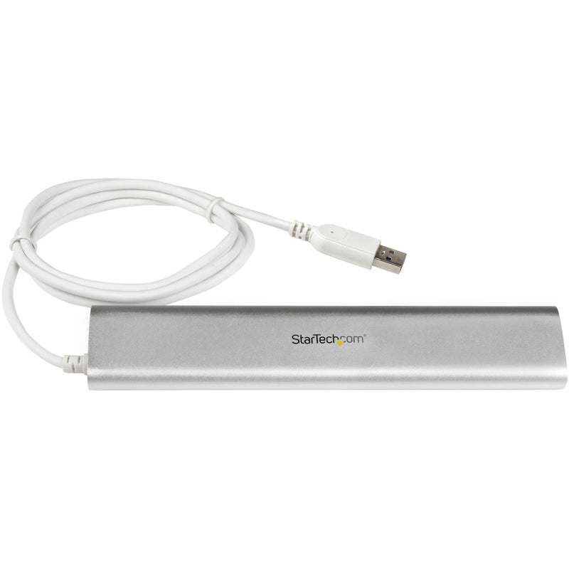 Side view of StarTech.com USB hub showing silver aluminum finish and attached white USB cable