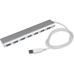 StarTech.com 7-Port USB 3.0 Hub Aluminum Compact External Hub with Built-in Cable, High-Speed Data Transfer, Silver, Universal Power Adapter - ST73007UA (2 Year Warranty)