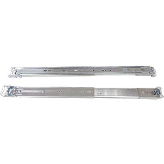 QNAP RAIL-A03-57 silver mounting rails showing telescoping design and mounting brackets for rackmount server installation