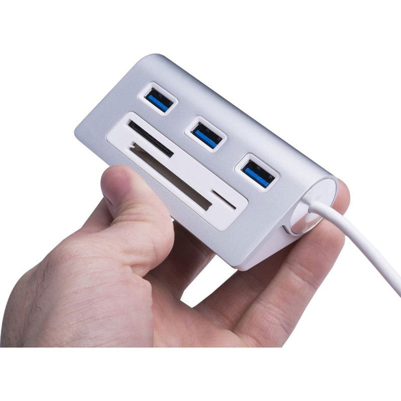 Silver Sabrent USB 3.0 hub with three USB ports and multi-card reader being held in hand, showing compact size and sleek design