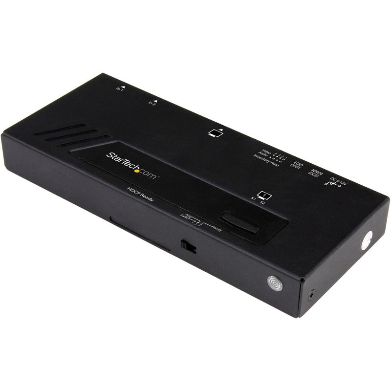 Top view of StarTech.com 2-port HDMI switch showing control interface and status indicators