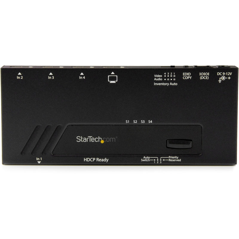 Close-up of HDMI switch control panel showing switching modes and status indicators