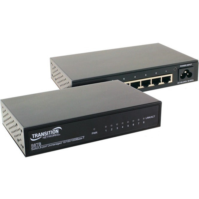 Transition Networks S8TB-NA 8-port unmanaged Gigabit Ethernet switch showing front and rear views with LED indicators and RJ45 ports