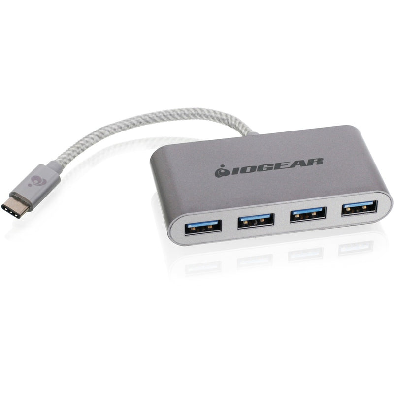 IOGEAR USB-C hub with four USB 3.0 ports shown from front angle with braided cable