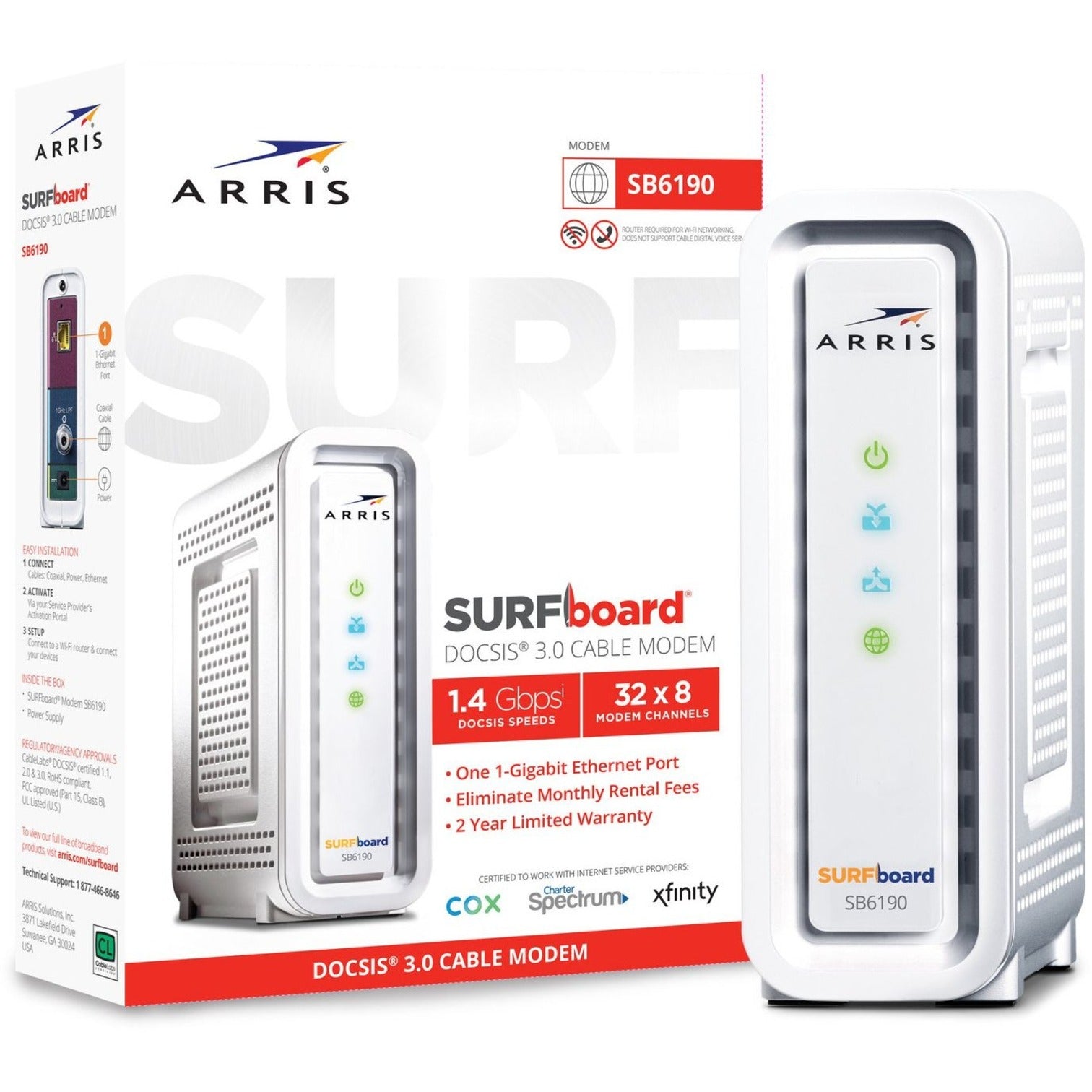 ARRIS SURFboard SB6190 DOCSIS 3.0 Cable Modem, 1.4Gbps High-Speed Internet Connection, Gigabit Ethernet Port, Desktop Form Factor, White - 1000031 (2 Year Warranty)