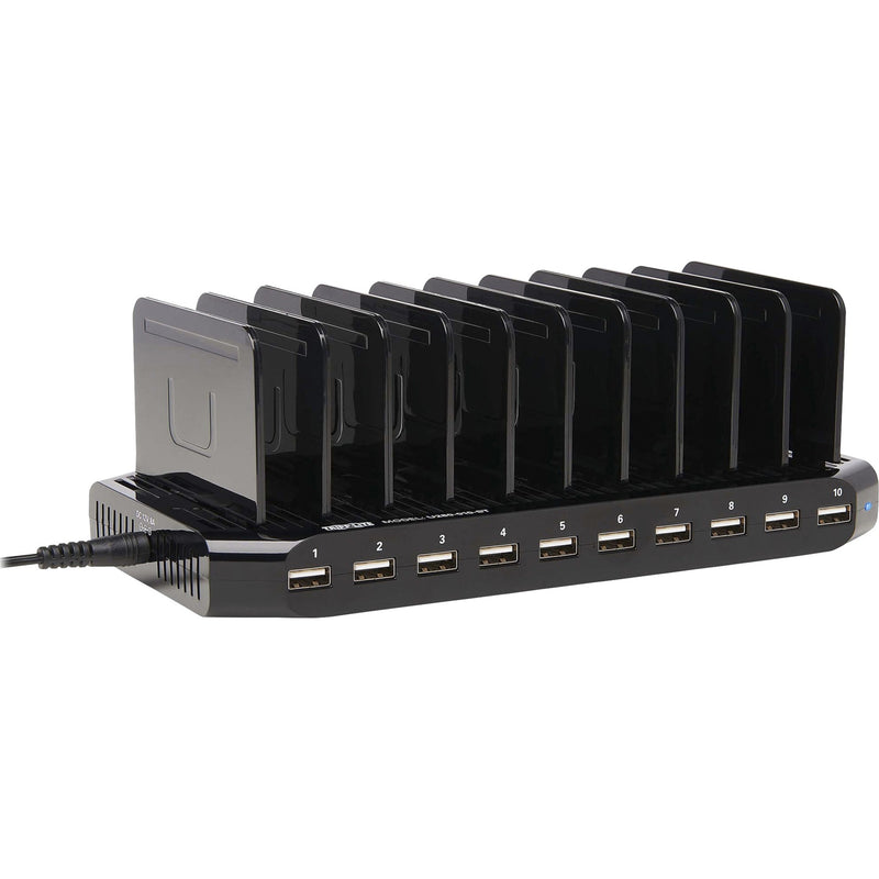 Front view of Tripp Lite U280-010-ST 10-port USB charging station with storage dividers