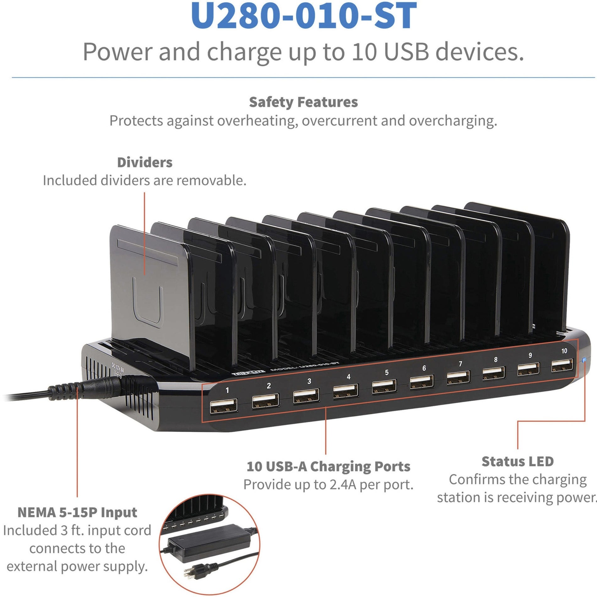 تريب لايت U280-010-ST 10-منفذ شاحن USB مع تخزين مدمج ، شحن سريع للآيباد ، الهاتف الذكي ، الجهاز اللوحي ، الكمبيوتر المحمول تريب لايت