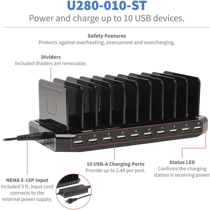 Detailed feature callouts of Tripp Lite USB charging station