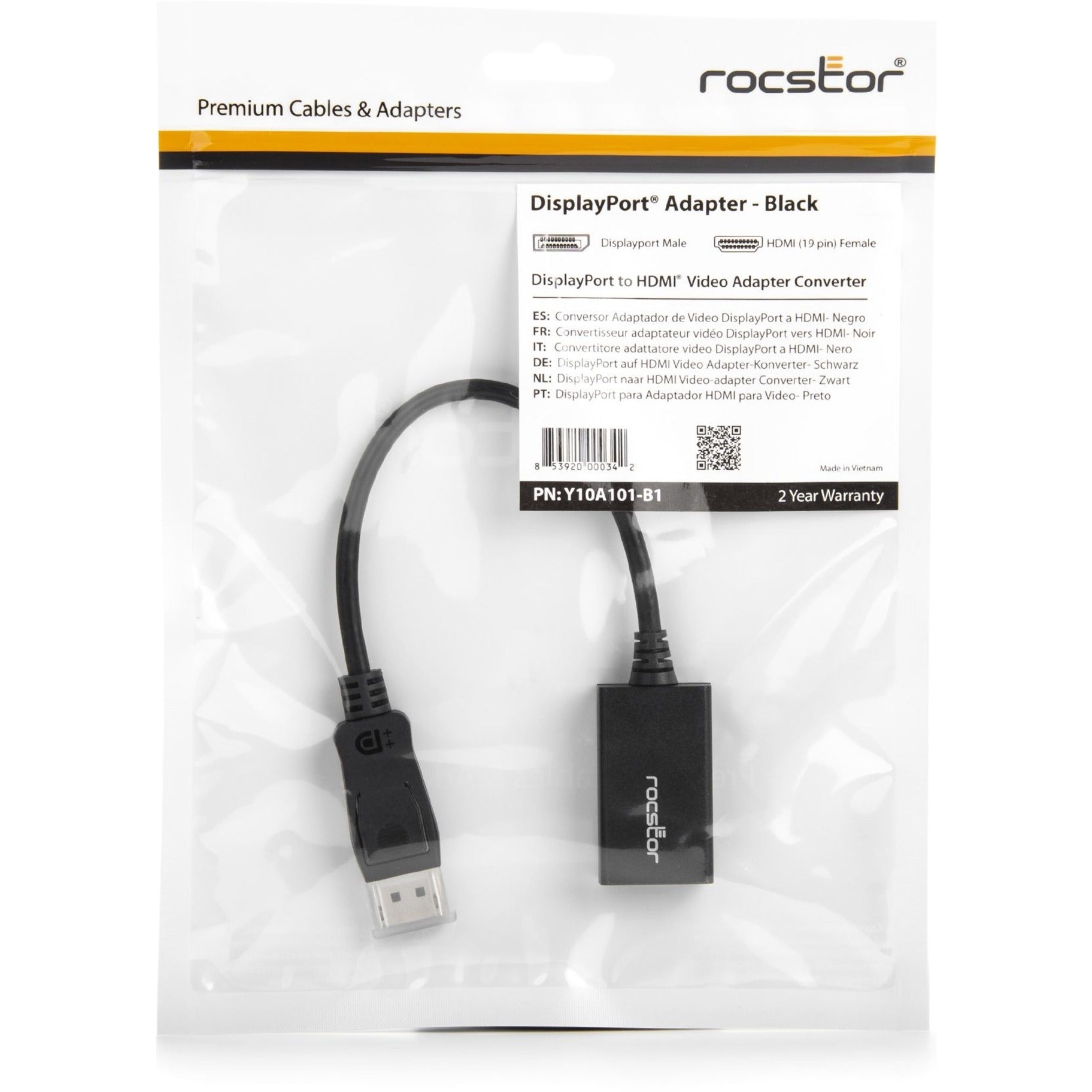 Rocstor Y10A101-B1 Adaptateur Convertisseur DisplayPort (mâle) vers HDMI (femelle) Résolution 1920 x 1200 prise en charge