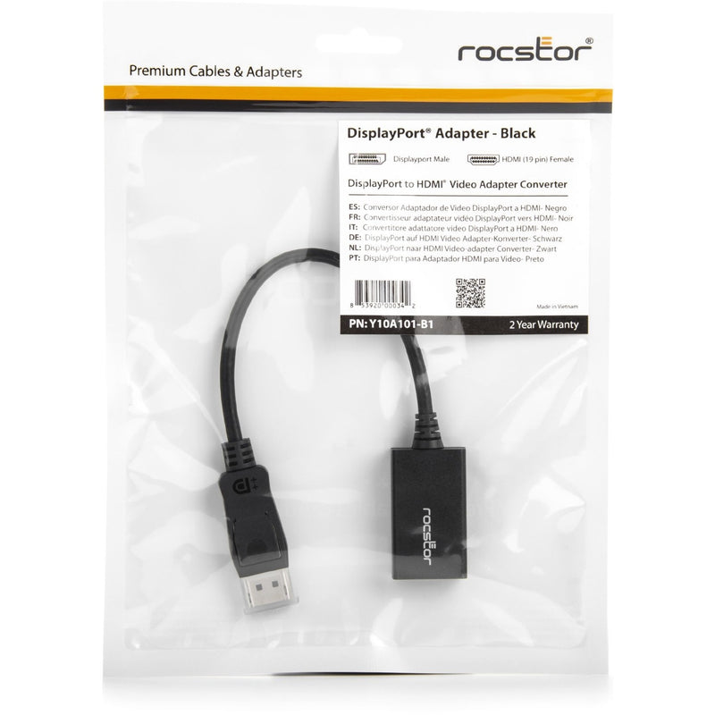 Full retail package view of Rocstor DisplayPort adapter with multilingual information