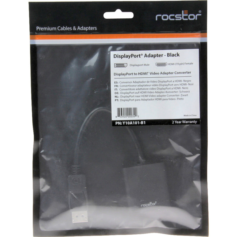 Retail packaging of Rocstor DisplayPort adapter showing product specifications and multilingual descriptions