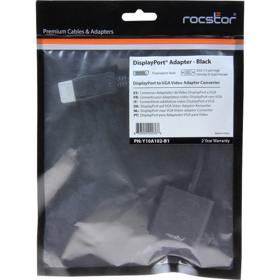 Retail packaging of Rocstor DisplayPort to VGA adapter with multi-language descriptions and specifications-alternate-image2