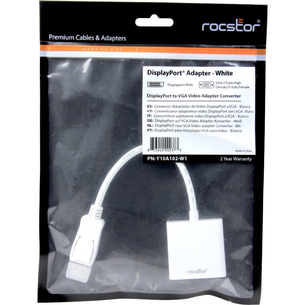 Retail packaging of Rocstor DisplayPort to VGA adapter showing product specifications and multilingual descriptions-alternate-image2