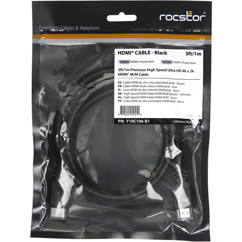 Rocstor HDMI cable retail packaging showing multilingual product information