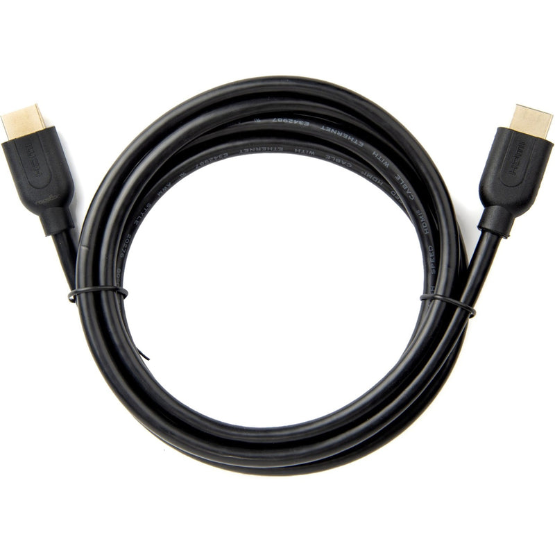 Black HDMI cable with gold-plated connectors showing full cable length coiled view