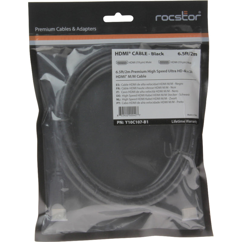 Rocstor HDMI cable retail packaging showing multilingual product information and specifications