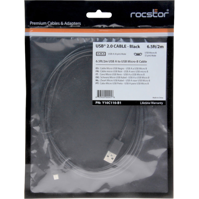 Retail packaging of Rocstor USB cable with multilingual information and specifications