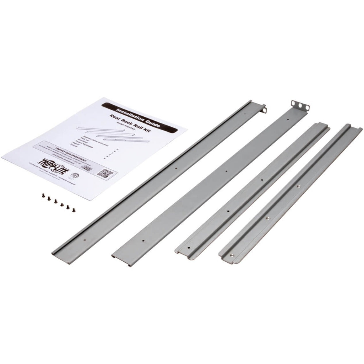 PDU4PKIT rear support rail kit components showing four silver mounting rails and installation guide with mounting screws-alternate-image1